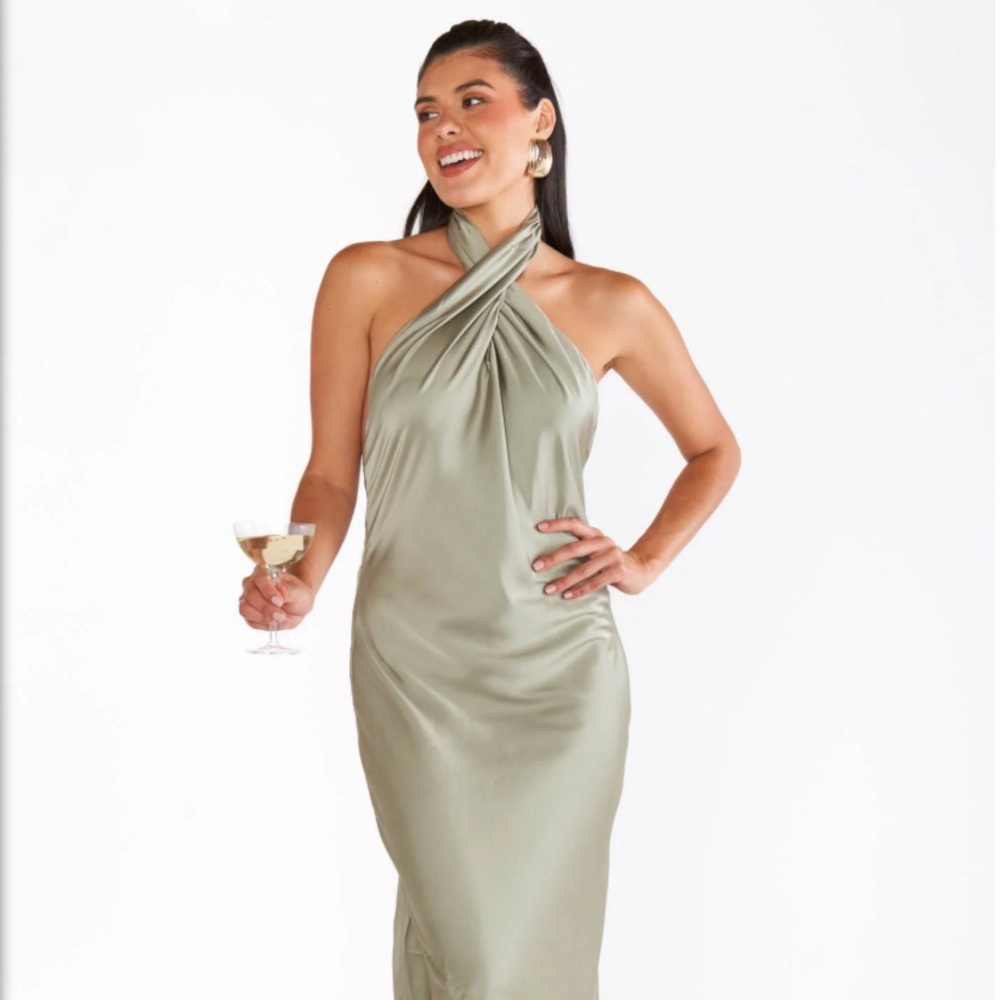 Show Me Your Mumu - Jasmine Halter Maxi Dress - Moss Green Luxe Satin